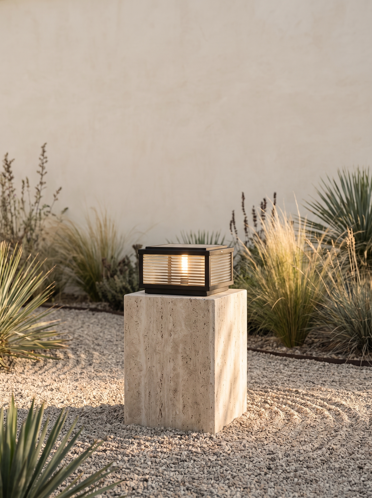 Solvane pillar light standing in an open garden with no cable in sight