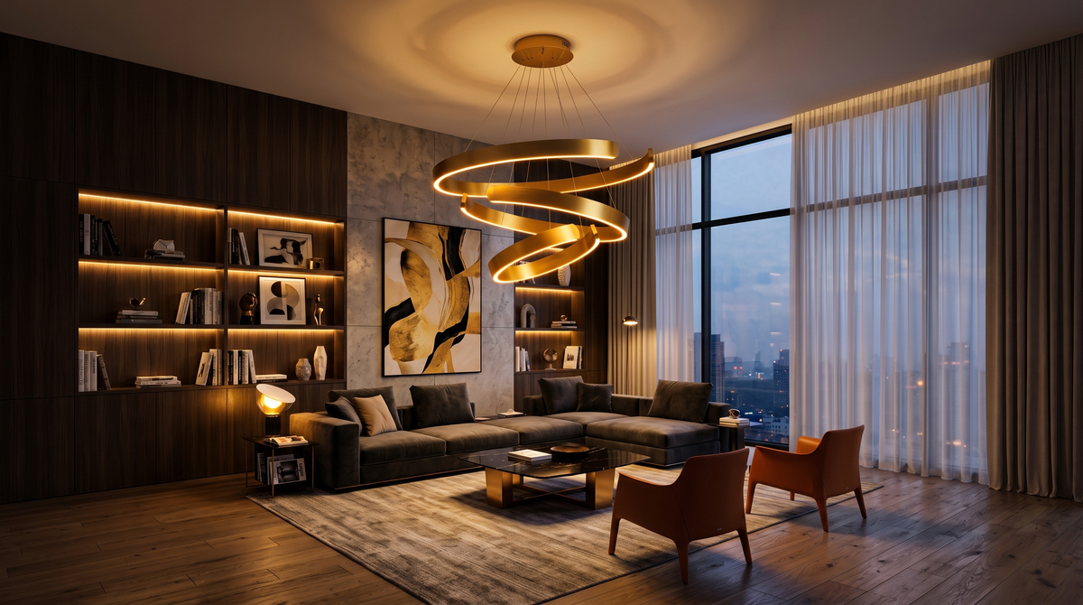 Modern living room at night lit by a sculptural brass ring pendant