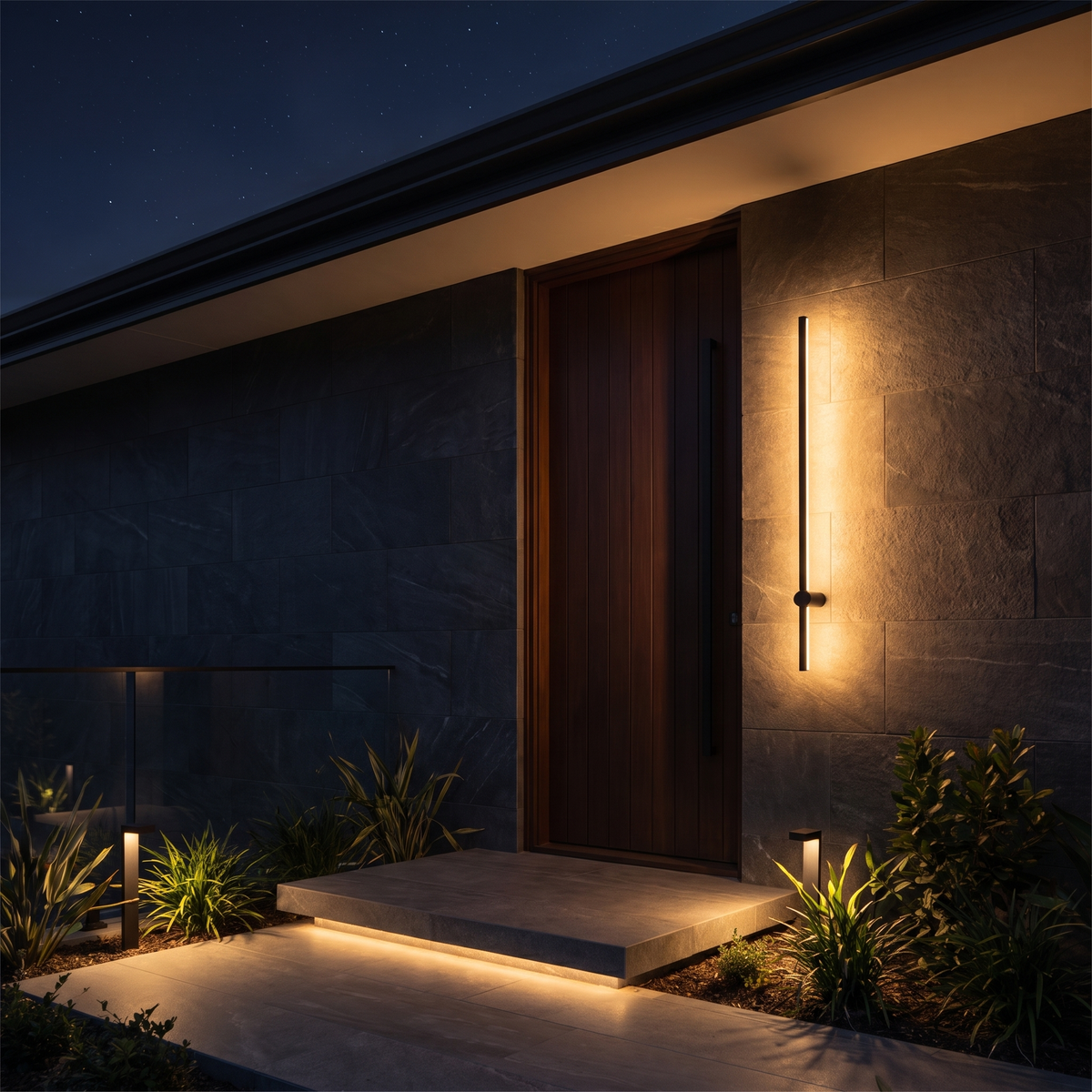 Matte black linear LED wall light beside a dark timber entrance door at night