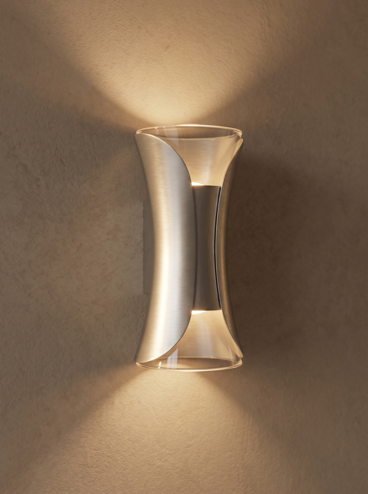 Arcelle sconce detail showing brushed aluminium body and glass shade