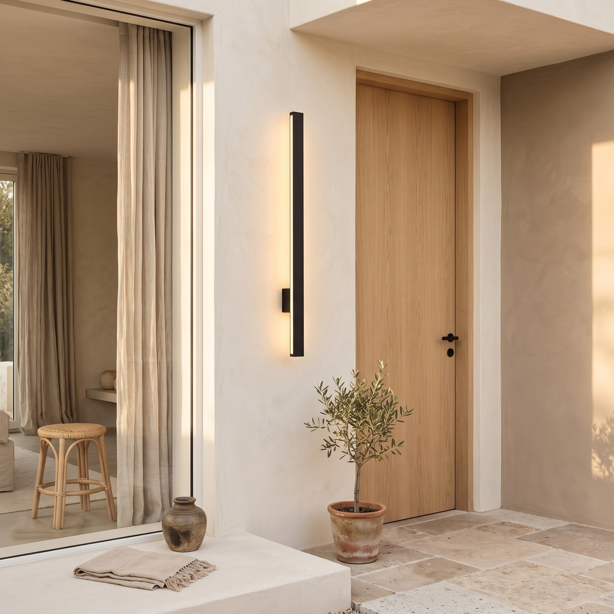 Lumira linear wall light beside a white oak entry door