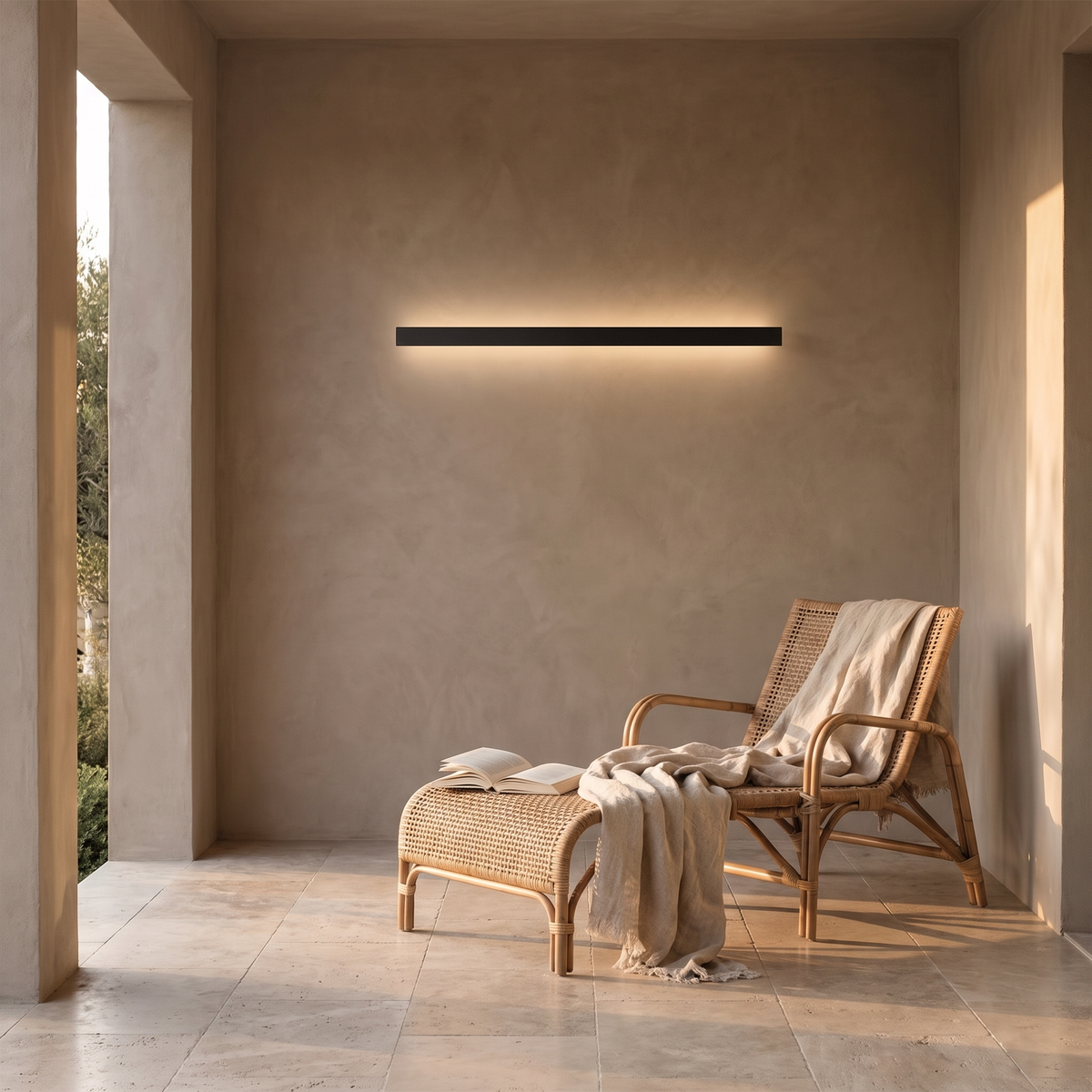Lumira linear wall light on a covered porch above a rattan chair