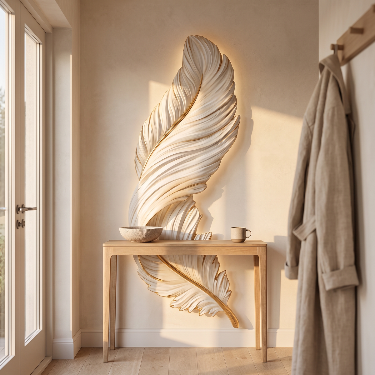 Plumea feather panel above a white oak entryway console