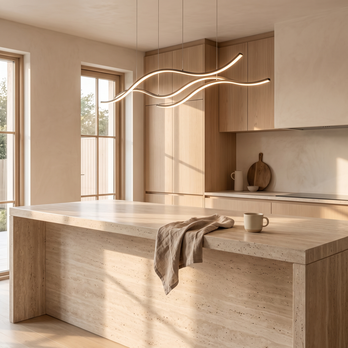 Ondelle pendant above a travertine kitchen island