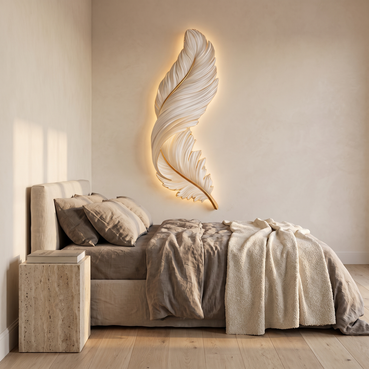 Plumea feather panel above a linen bed in a calm bedroom corner