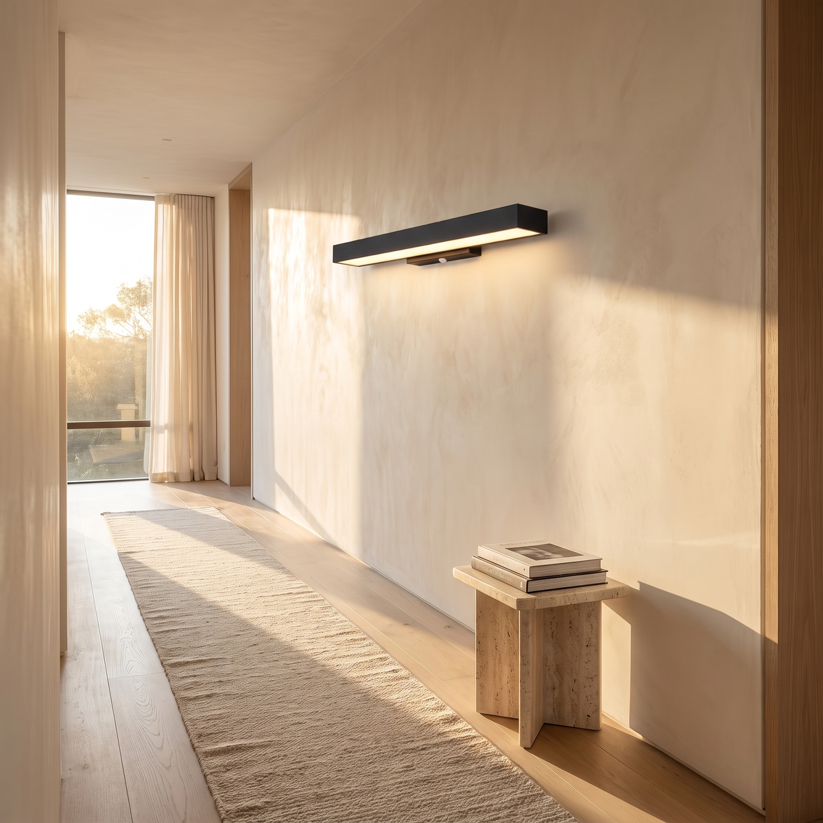 Marquel wall light along a limewash corridor wall