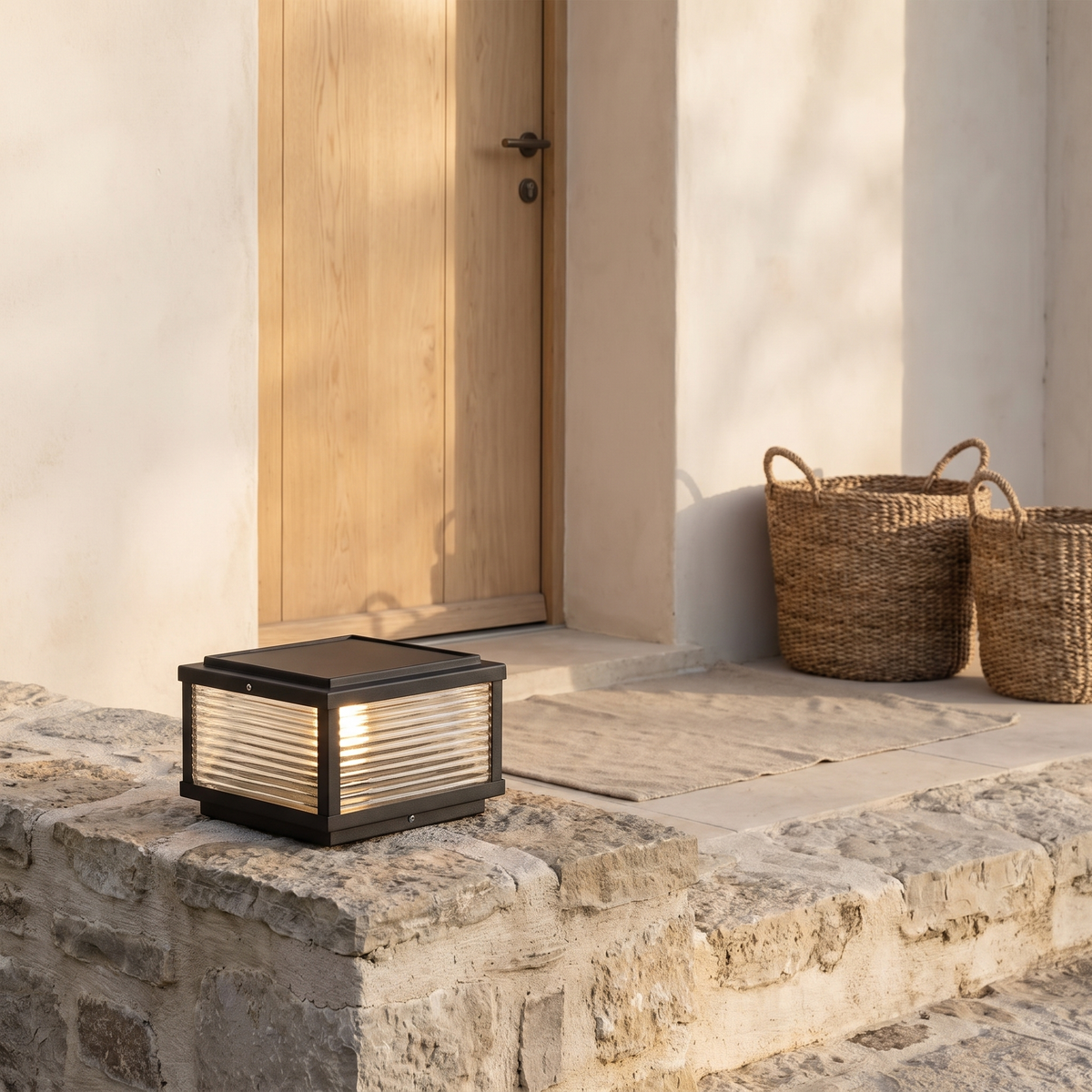 Solvane pillar light on a low stone wall beside a minimalist entry