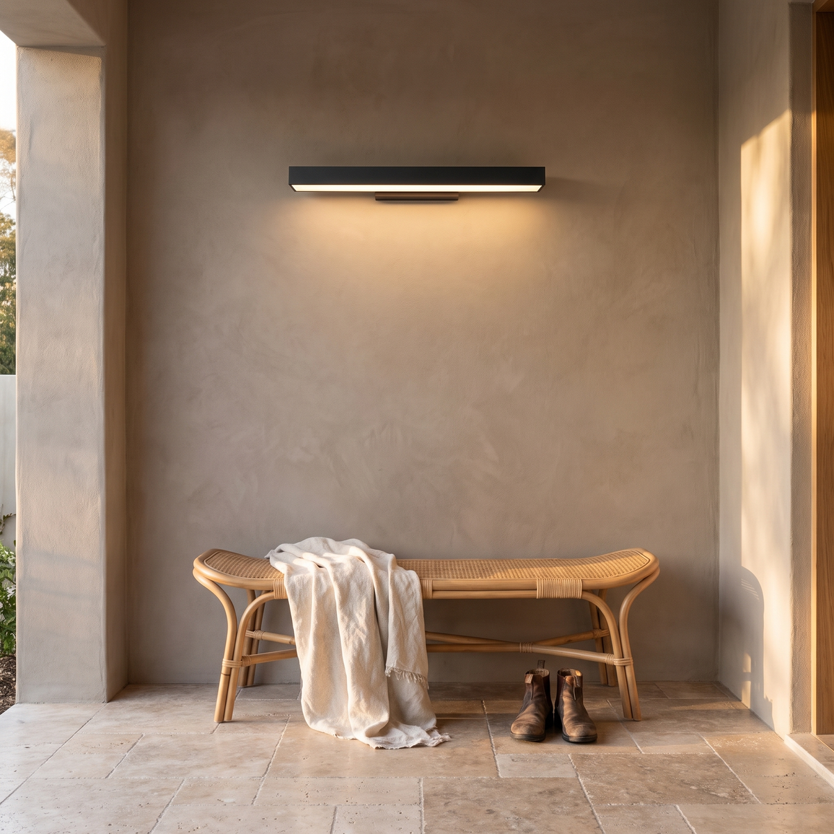 Marquel wall light on a covered entry porch above a rattan bench