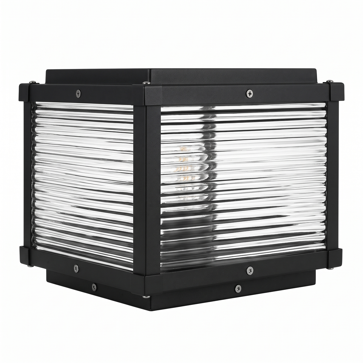 Solvane square ribbed glass pillar light on a white background