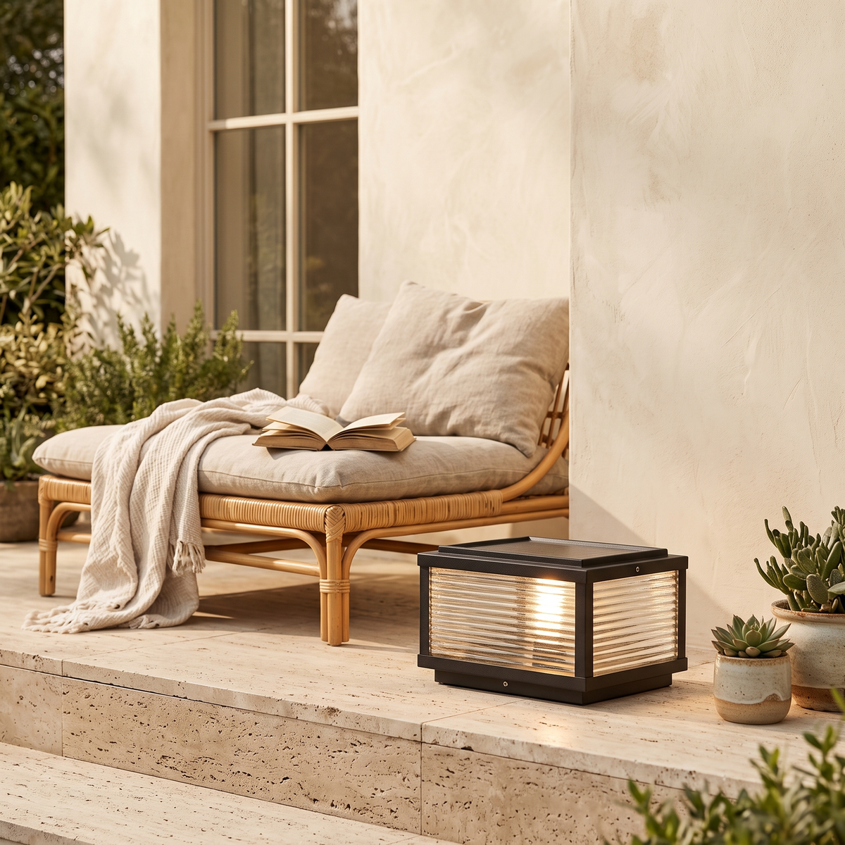 Solvane pillar light at the edge of a travertine terrace
