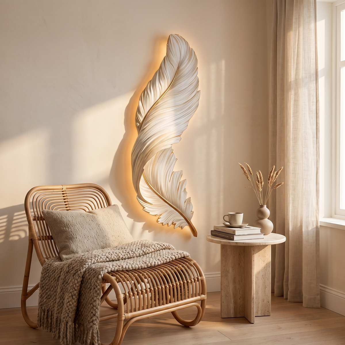 Plumea feather panel in a reading nook beside a rattan chair