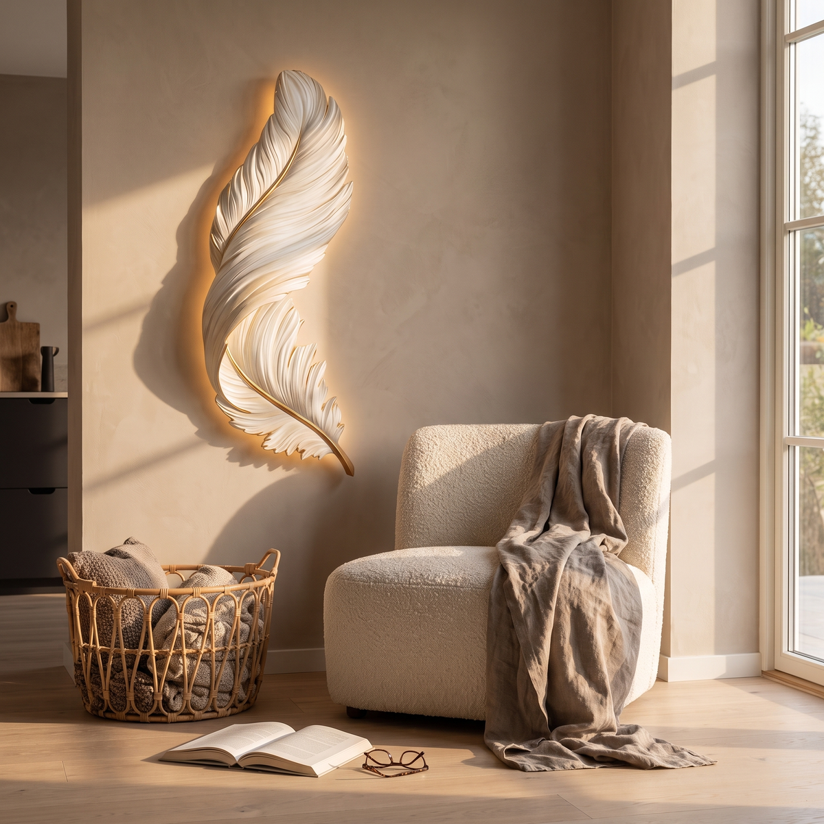 Plumea feather panel above a boucle armchair in a living room corner