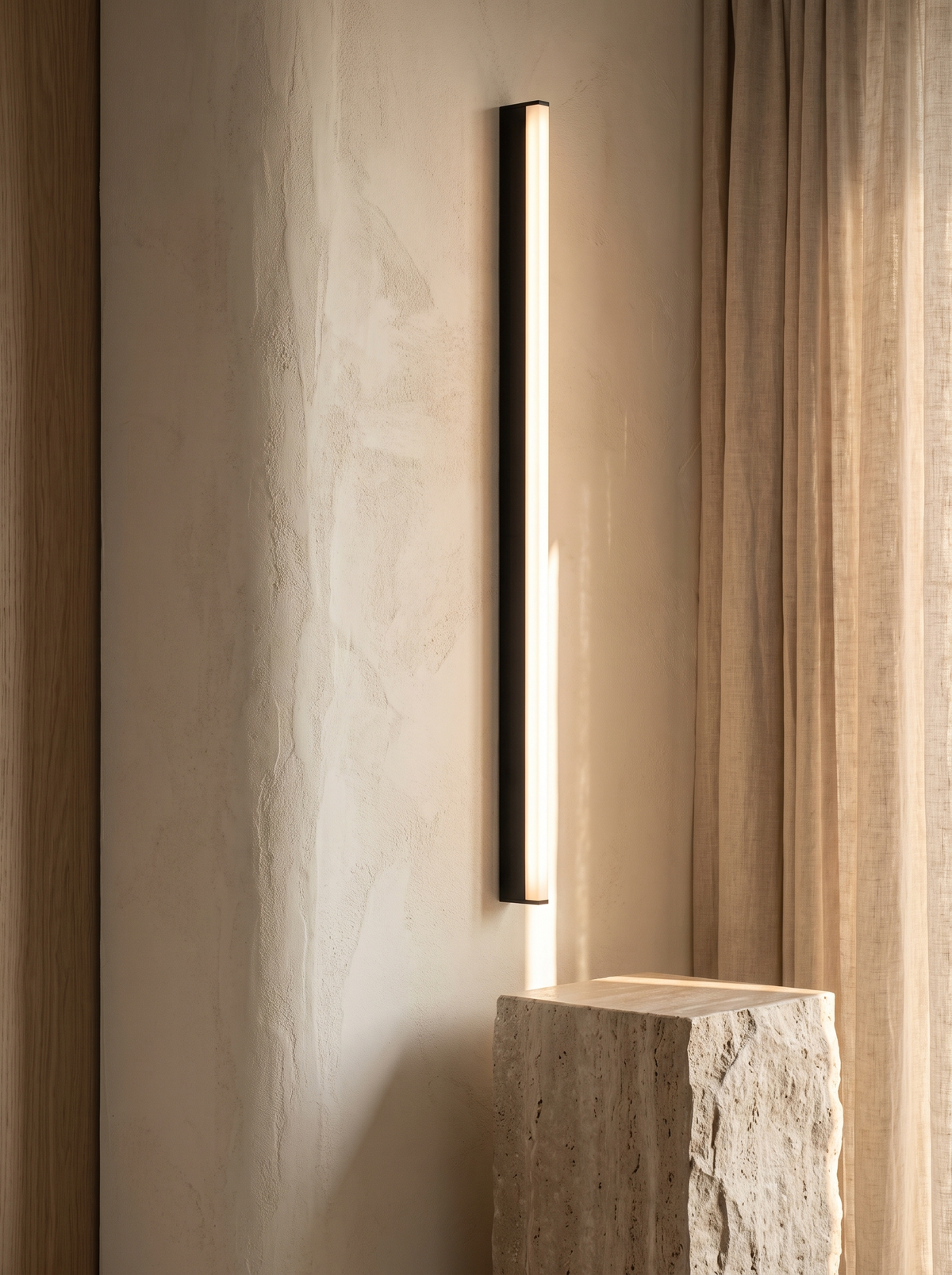 Lumira linear wall light glowing as one continuous band of warm light