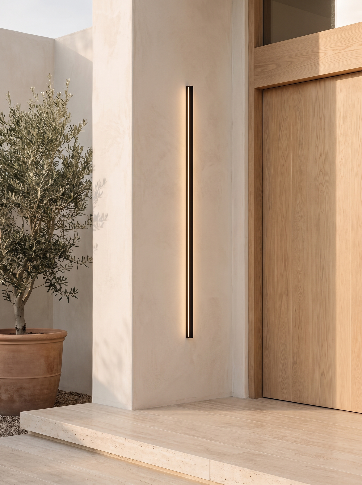 Lumira linear wall light running the height of a tall entry column
