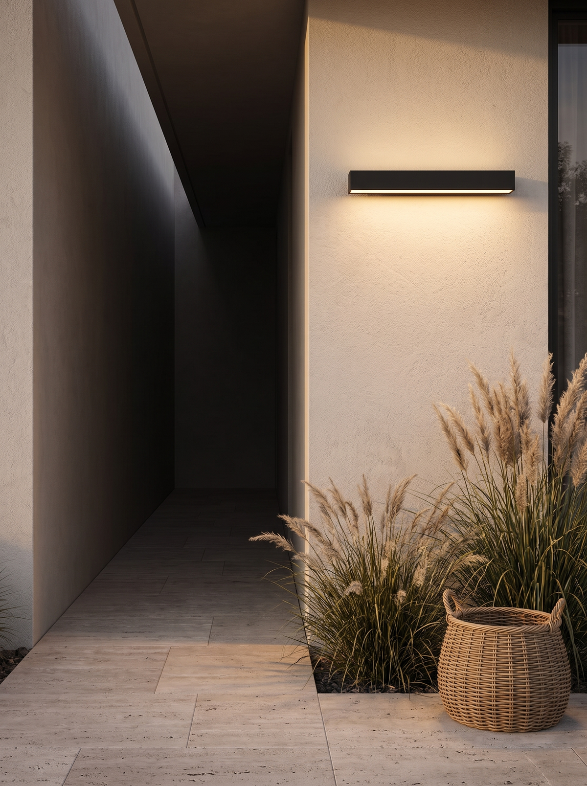 Marquel wall light lit on a side entry path at dusk