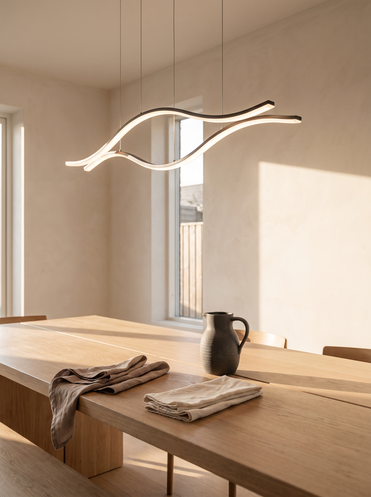 Ondelle pendant giving an even glow over a dining table with no glare line