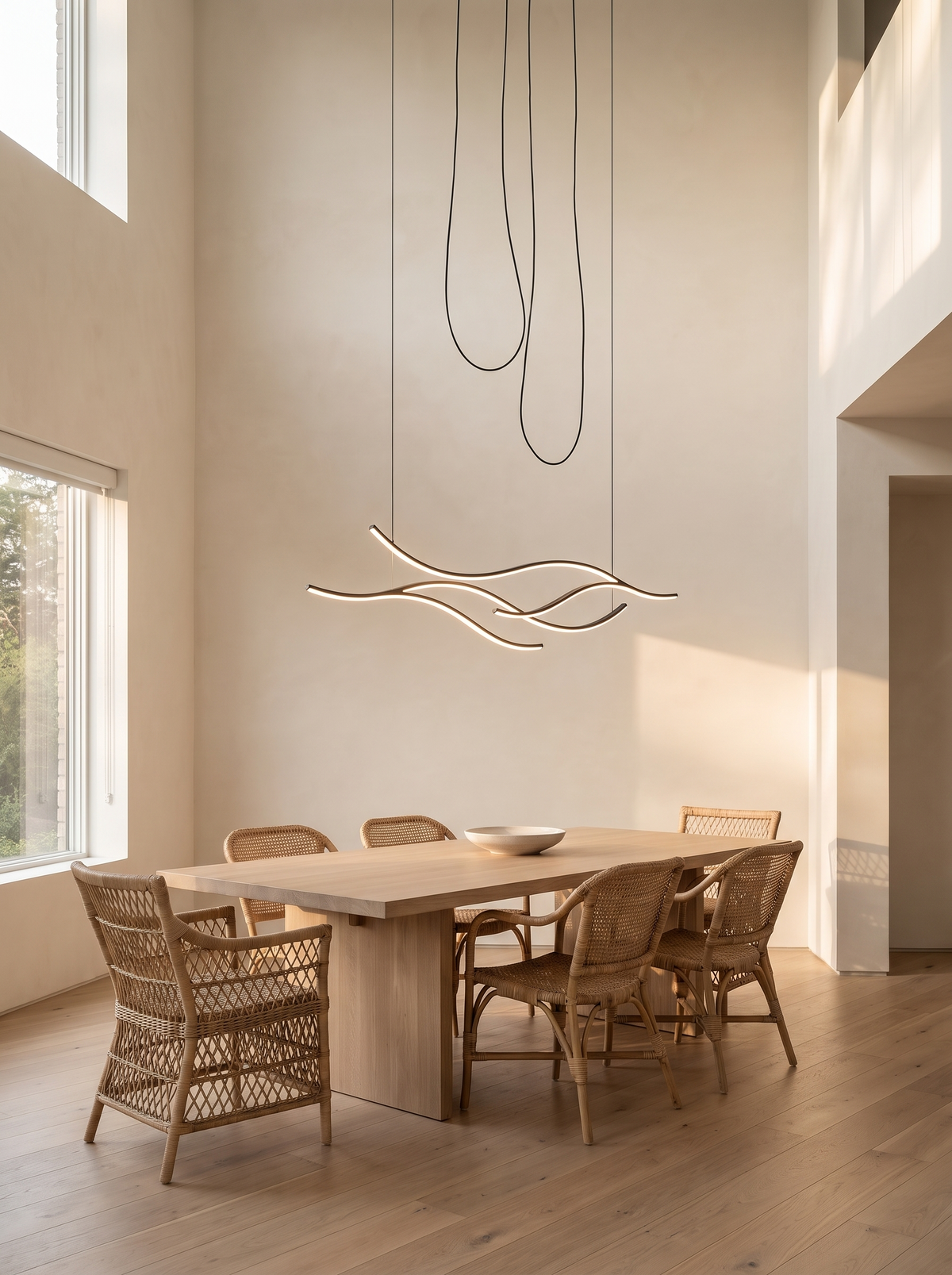 Ondelle pendant on a long adjustable cord dropping from a high ceiling