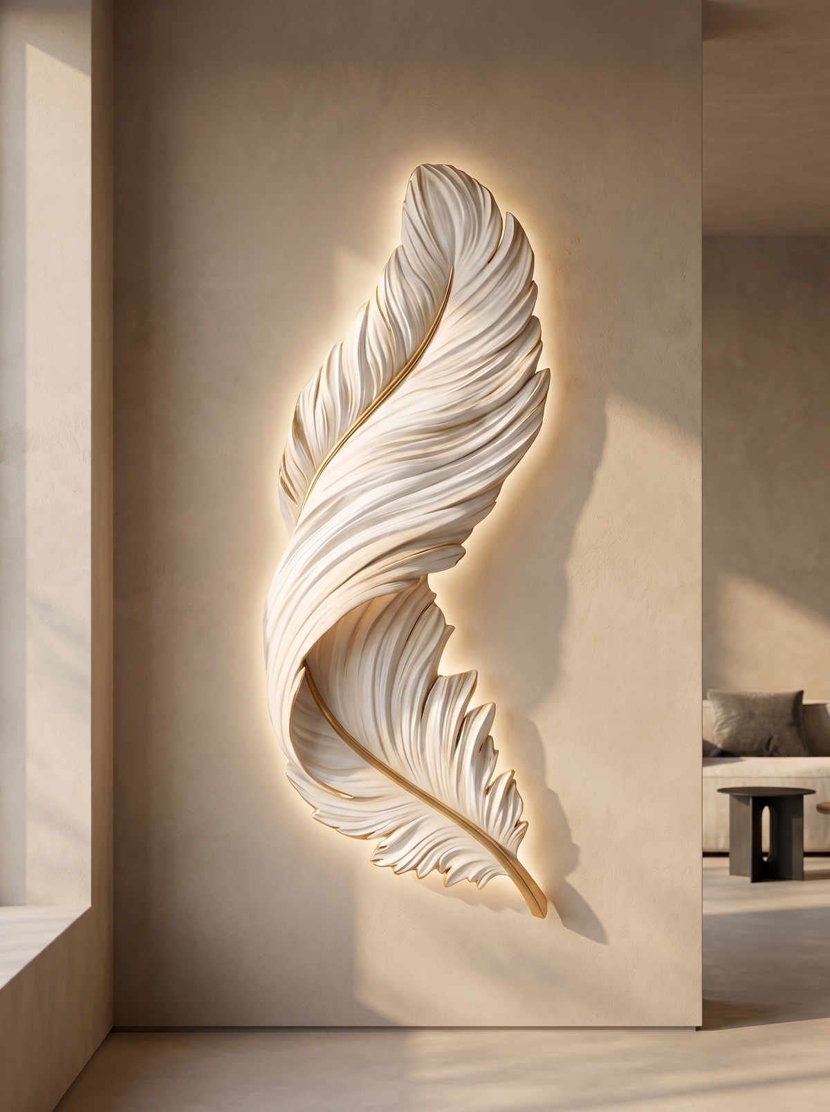 Plumea feather panel with a soft halo of light around its edges