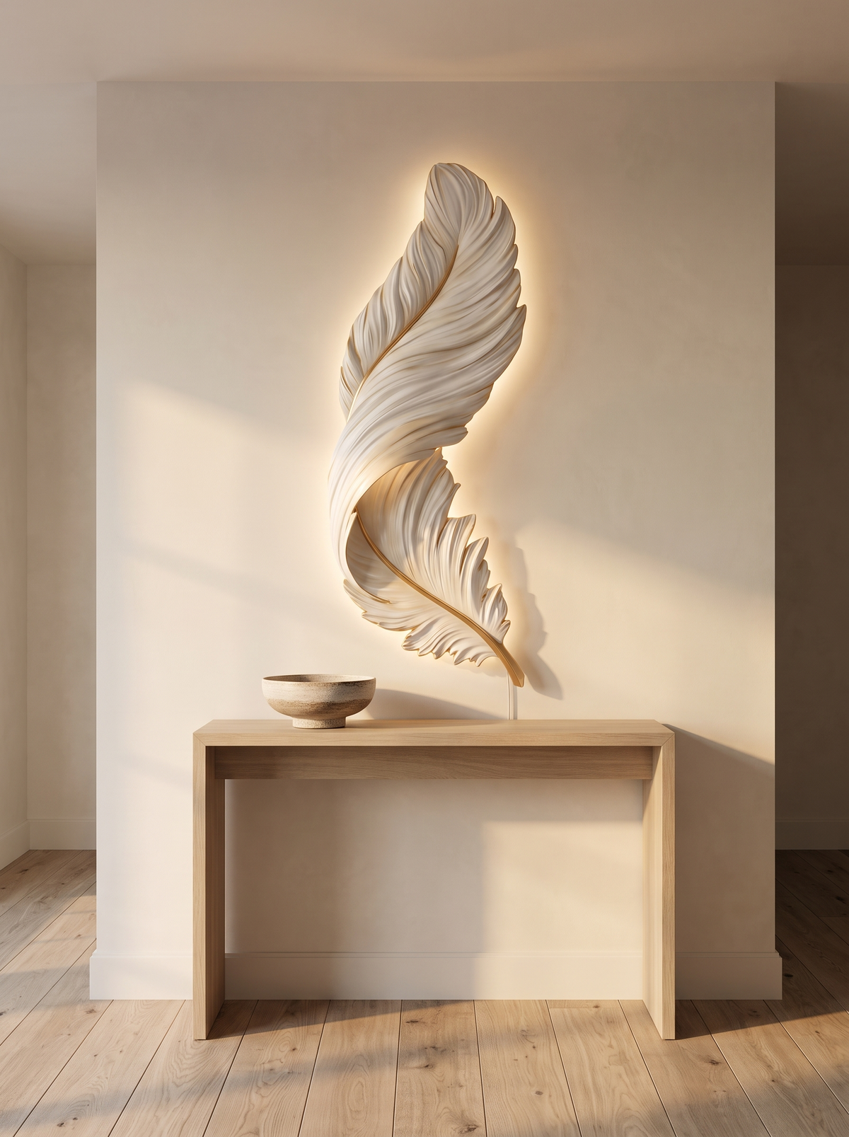 Plumea feather panel above a console with its USB cable hidden