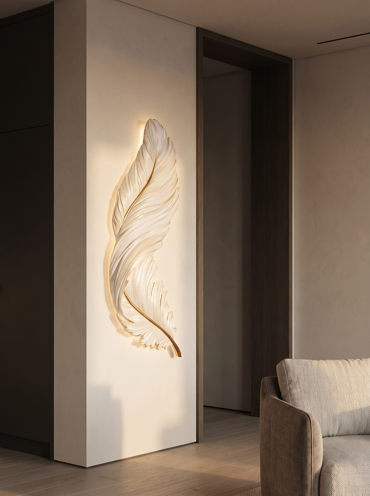 Plumea feather panel hung vertically and dimmed to a low warm glow