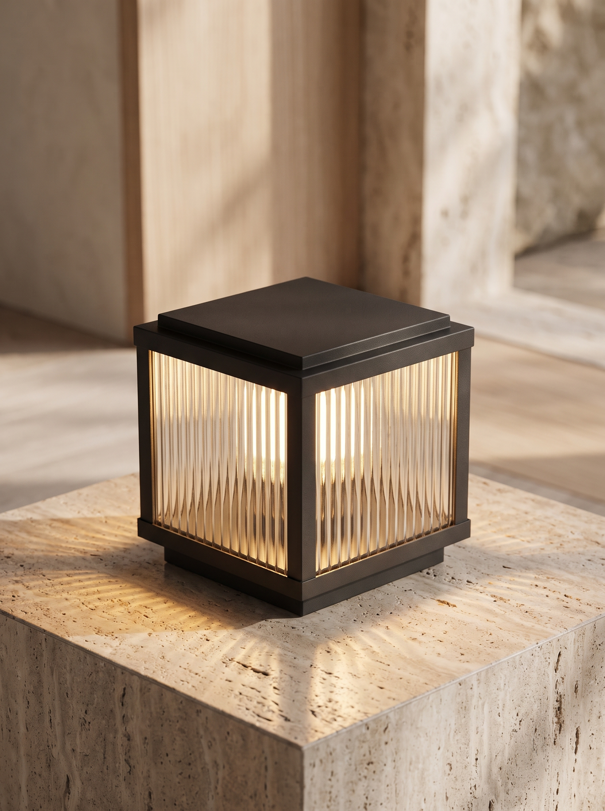 Solvane pillar light casting vertical bands of light through ribbed glass