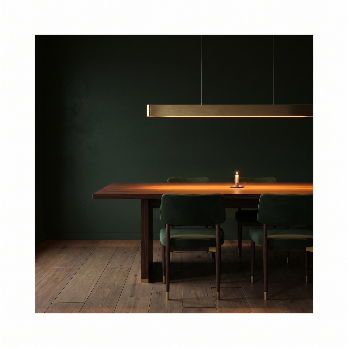 Brushed brass linear pendant above a dark walnut dining table at night